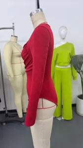 Cross-border Amazon velvet V-neck crossover pleated slim fit long sleeve bodysuit for women.