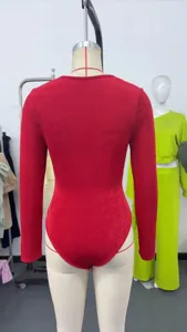 Red velvet long sleeve slim fit bodysuit, elegant crossover V-neck design for women.