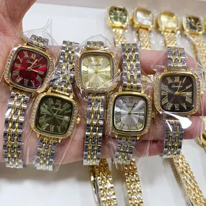 Dames vintage vierkante horloge met strass steentjes romeinse cijfers roestvrij staal.