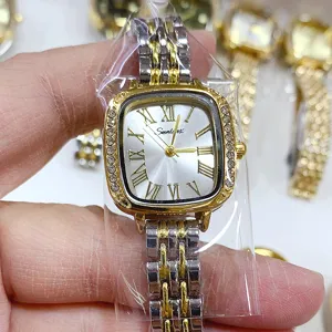 Vintage Vierkant Dames Kwartshorloge Bilaterale Drukknoop Buckle Dagelijks Leven Waterdicht Legering Metaal Stalen Band Romeinse Cijfers Strass Luxe Elegant Polshorloge