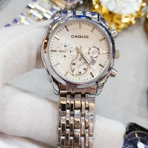 CAQUO men stainless steel chronograph watch detail view, elegant white dial with sub-dials.