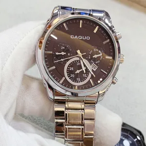 Detailed view of men's stainless steel chronograph watch with brown dial and metal bracelet.