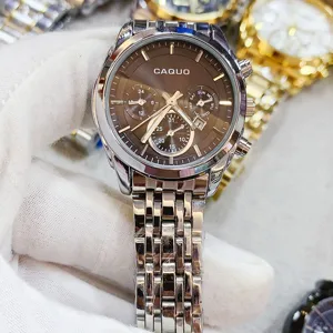 CAQUO men stainless steel quartz watch brown dial chronograph luxury fashion wristwatch