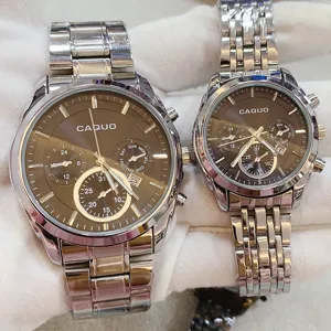CAQUO quartz watch couple stainless steel strap multifunction luxury elegant design