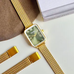 SUNLIFEX γυναικείο ρολόι χαλαζία λεπτομέρεια, ρετρό πράσινο ορθογώνιο καντράν χρυσό
