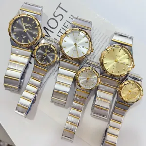 Vintage Premium Luxury Quartz Watch Gold Stainless Steel Alloy Coupling Calendar Roman Numeral Waterproof Round Dial Analog Wrist Watch For Couples Gift