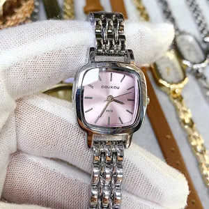 Square dial women quartz watch with pink face and silver steel strap, fashion casual style