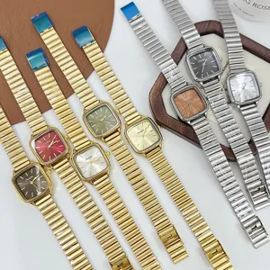 Women square watch set fashion luxury metal bamboo strap quartz wristwatch elegant style