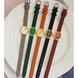 MICAI minimalistische Vintage Ovale Uhr mit schmalem Lederarmband, kleine Damenuhr Quarz