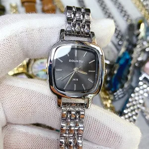 Square dial quartz watch for women, stylish silver metal strap, elegant daily casual timepiece.