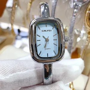 SUNLIFEX rectangular quartz bangle watch featuring a stylish light blue dial and sleek silver metal.