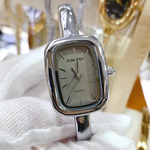 SUNLIFEX square bracelet watch for women, elegant silver quartz timepiece with stylish minimalist design.