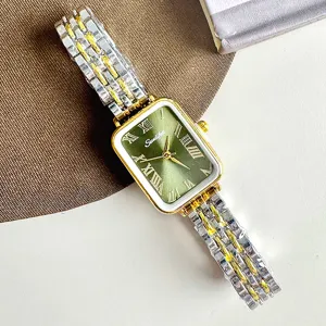 Orologio da donna vintage rettangolare quadrante verde con cinturino in acciaio bicolore