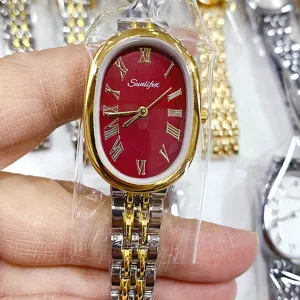 SUNLIFEX Femme Montre Quartz Ovale Cadran Rouge Bracelet Métal Bicolore Mode Élégante