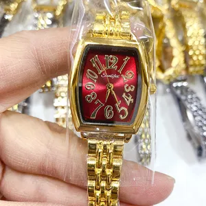 Gouden Tonneau Dames Horloge Rode Wijzerplaat Metalen Band Vintage Stijl Polshorloge