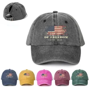 Vintage Gewassen Polyester Paardenstaart Honkbalpet Amerikaanse Vlag Bedrukt Gebogen Rand Verstelbaar Outdoor Zonnescherm Hoed