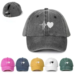 Women Fashion Ponytail Baseball Cap Adjustable Washed Distressed Curved Brim Hat Heartbeat Graphic Printed Sunshade Outdoor Sports Hat