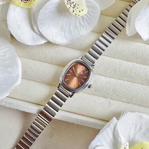 Nahaufnahme Detailansicht einer kleinen ovalen Damen Quarzarmbanduhr mit Metall Flexband.