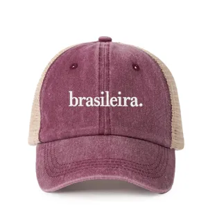 Distressed trucker hat with breathable mesh back and white embroidered front lettering stylish.