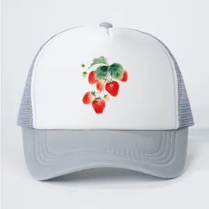 Summer breathable mesh baseball cap with cute watercolor strawberry print, adjustable outdoor hat.