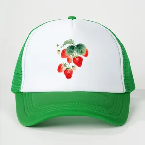 Green and white trucker hat featuring cute watercolor strawberry print and mesh back.