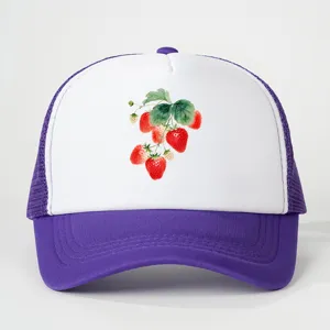 Detail shot of a purple and white trucker hat featuring a cute watercolor strawberry print.