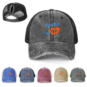 Berretto da Baseball da Donna Coda di Cavallo Mesh Distressed Trucker Cappello Poliestere Stampa Floreale Grafica Regolabile