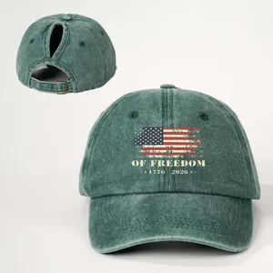 Vintage groene paardenstaart baseball cap met Amerikaanse vlag en verstelbare sluiting.