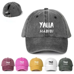 Casquette de Baseball en Polyester Délavé Usé Queue de Cheval Impression Lettres Visière Courbée Réglable Plein Air Sport Protection Solaire Femme
