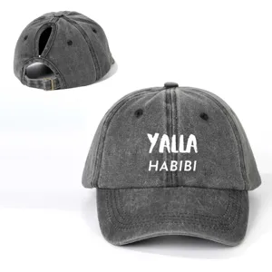 Casquette de baseball grise lavée pour queue de cheval, imprimé YALLA HABIBI, réglable.