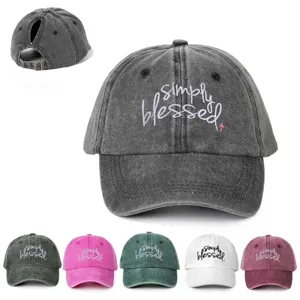 Washed Cotton Ponytail Baseball Cap Embroidered Blessed Curved Brim Adjustable Sun Hat For Women Outdoor Sports Beach Cap