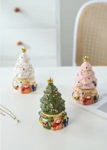 Ceramic Christmas tree trinket box with cute bear decor, vintage holiday gift storage.