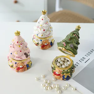 Nordic Ceramic Christmas Tree Bear Jewelry Box Vintage Holiday Trinket Storage Case Desktop Ornament Birthday Gift
