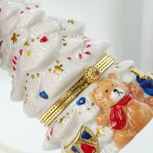 Ceramic Christmas tree trinket box with cute teddy bear, perfect holiday gift and storage.