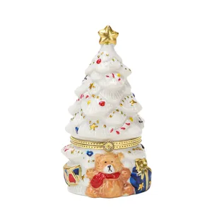 Cute ceramic Christmas tree jewelry box with cute bear figurine, perfect holiday gift storage.