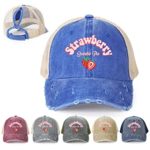 Distressed Ripped Ponytail Baseball Cap For Men Women Strawberry Printed Mesh Splicing Adjustable Breathable Outdoor Sun Hat