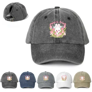 Washed Distressed Polyester Ponytail Baseball Cap Cartoon Bunny Tulip Print Adjustable Sun Protection Hat For Women Men