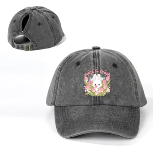 Dark grey washed ponytail baseball cap with cute bunny tulip print and casual streetwear style.