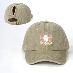Vintage washed ponytail baseball cap for women, cute rabbit flower print, adjustable size.