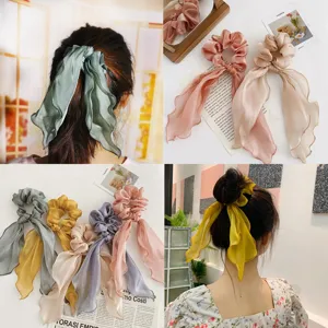 Chouchou Cheveux Ruban Satin Style Français Élégant Attache Queue de Cheval Nacré Long Noeud Rubans Élastiques Femmes Filles Accessoires Quotidiens