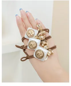 Cute Resin Alloy Cartoon Bear Rabbit Hair Tie Elastic Rubber Band Vintage Coin Square Pendant Mori Style Hair Accessories For Women