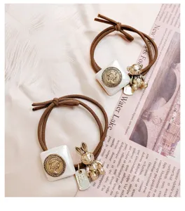 Cute bear rabbit hair ties with retro coin charms, sweet Korean style hair bands.