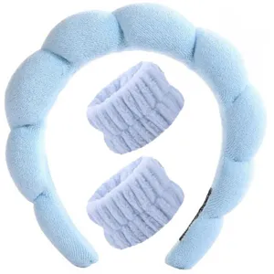 Conjunto diadema muñequeras nube azul claro, accesorios pelo suaves felpa lavado cara.