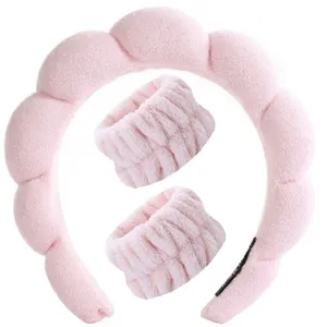 Conjunto de diadema de nube rosa y muñequeras para lavar la cara, accesorios de maquillaje de spa.