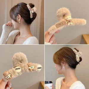 Pinza de Pelo de Peluche de Oso Lindo Animal Atrapa Pelo Otoño Invierno Esponjoso Pinza Tiburón Dulce Accesorios de Cabello Mujeres