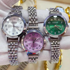 LEAER dames quartz horloge, elegante metalen kettingarmband, stijlvolle kleurrijke wijzerplaat.