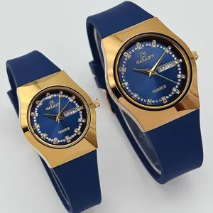 GALAXY Elegante Reloj de Cuarzo de Pareja Correa Silicona Azul Caja Dorada Pedrería