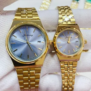 JUSTRONG luxury couple quartz watch set with steel strap, blue dial, and date display feature.