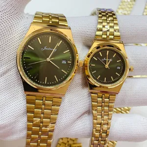 Couple quartz watch set gold stainless steel strap green dial calendar fashion business gift