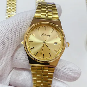 Gold stainless steel quartz watch with minimalist dial calendar for business and daily wear.